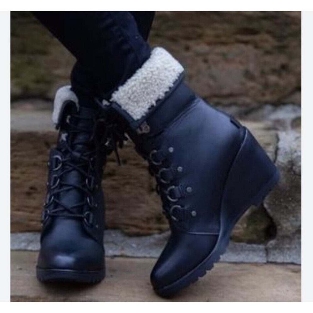 Sorel Women After Hours Lace Up Shearling Black Leather Wedge Boots fur collar 7 - Picture 2 of 11